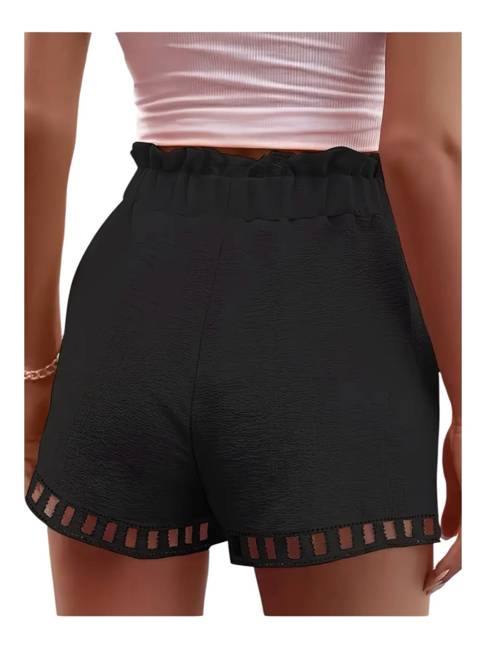 NWOT Black Paperbag Waist Shorts Hollow Out Hem Detail | Size M - Picture 6 of 9